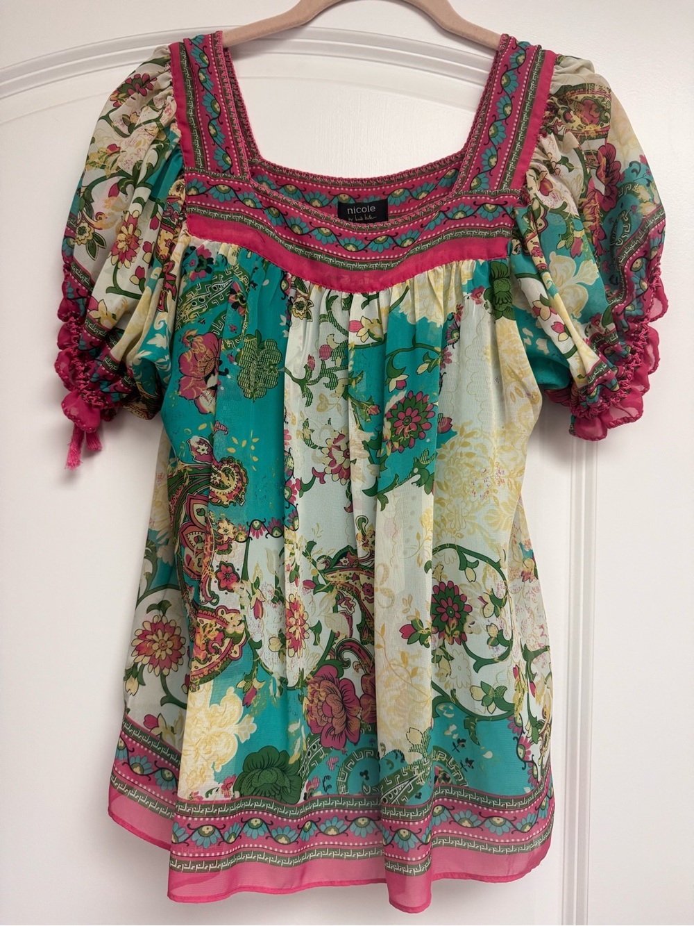 Nicole Teal & Pink Floral Peasant Blouse
